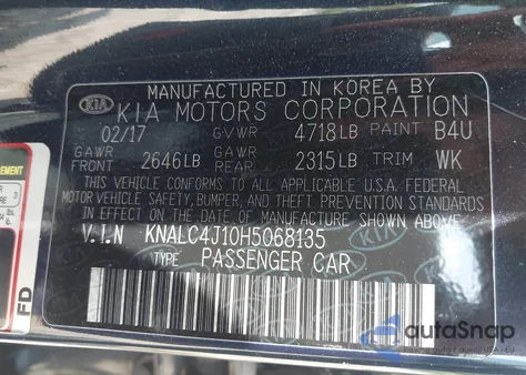 2017 Kia Cadenza Premium z USA, uszkodzony, nr VIN KNALC4J10H5068135